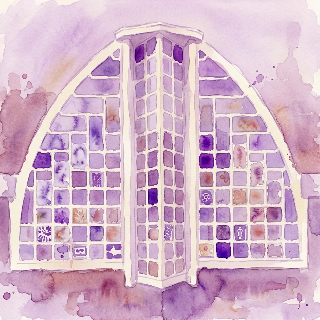 Een aquarelillustratie van een historisch postkantoorgebouw met boogramen die kleurrijke handgemaakte ambachten tonen, waaronder batik- en linosnedepatronen, geïnspireerd op de Amsterdamse School architectuurstijl.