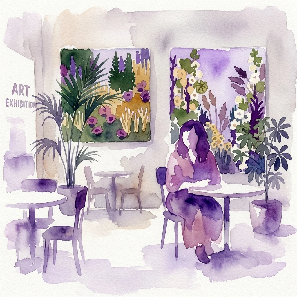 Watercolor illustration of a museum cafe setting with tufted carpets featuring urban nature and houseplant designs, part of the 'Curating Atmosphere' exhibition by Rosanne Speet.