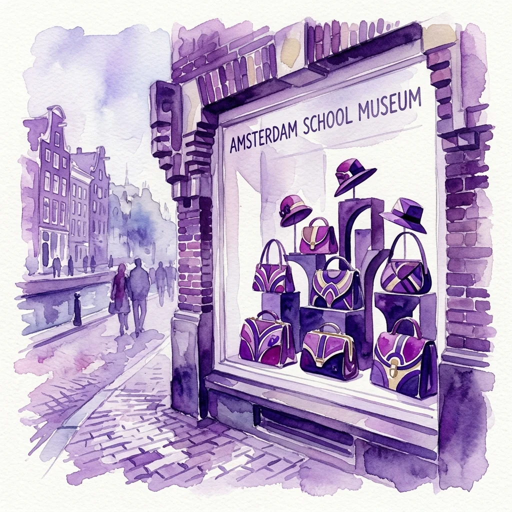 Watercolor illustration of the Amsterdam School Museum window display featuring handcrafted bags and hats in purple and gold, inspired by the Amsterdam School architectural style.
