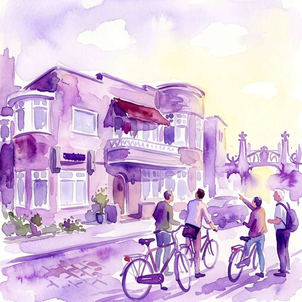 Ilustracja akwarelowa wycieczki rowerowej po Amsterdam Zuid, przedstawiająca ludzi na rowerach eksplorujących architekturę ekspresjonistyczną w Plan Zuid z charakterystycznymi fioletowymi i żółtymi tonacjami.