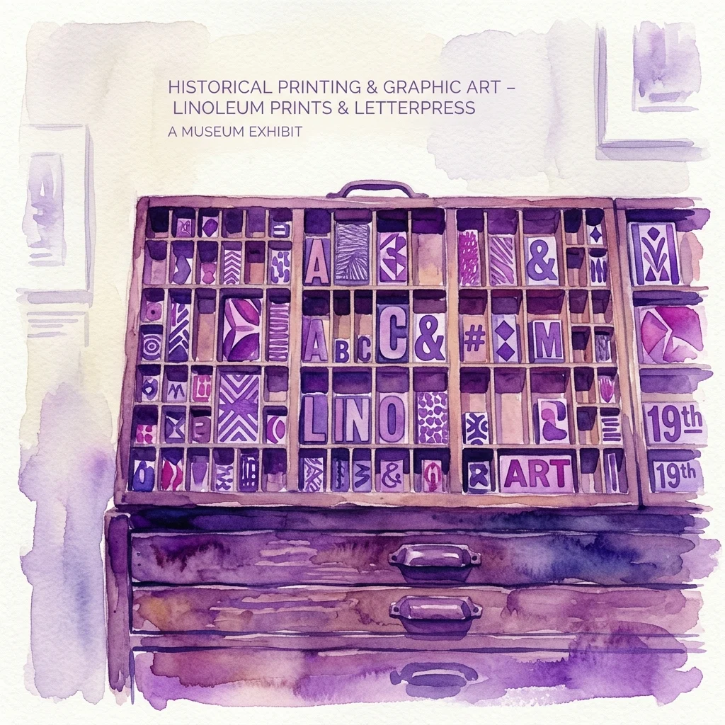 Waterverfillustratie van een vintage letterpress-typebak gevuld met linosnedes en letterpress-type, onderdeel van een museumexpositie over historische druktechnieken en grafische kunst.