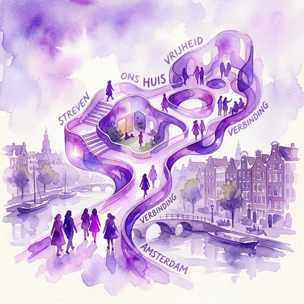 Ilustracja akwarelowa koncepcyjnej instalacji architektonicznej reprezentującej mieszkalnictwo kobiet w Amsterdamie, z etykietami tekstowymi takimi jak 'STREVEN', 'ONS HUIS', 'VRIJHEID' i 'VERBINDING' na fioletowej ścieżce spiralnej przez miasto.