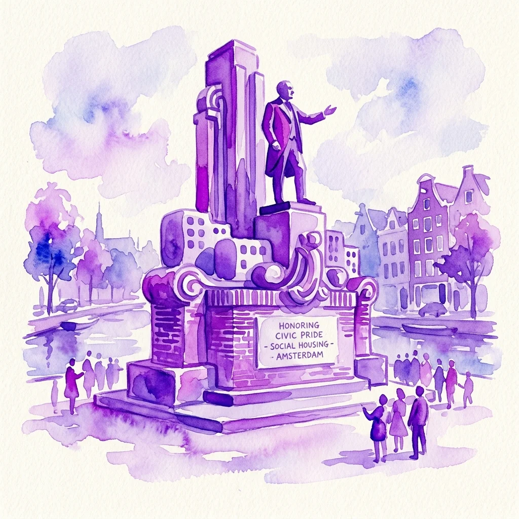Una ilustración en acuarela de un monumento en Ámsterdam que honra el orgullo cívico y la vivienda social, presentando una estatua de un hombre sobre un pedestal detallado con elementos arquitectónicos de la Escuela de Ámsterdam.