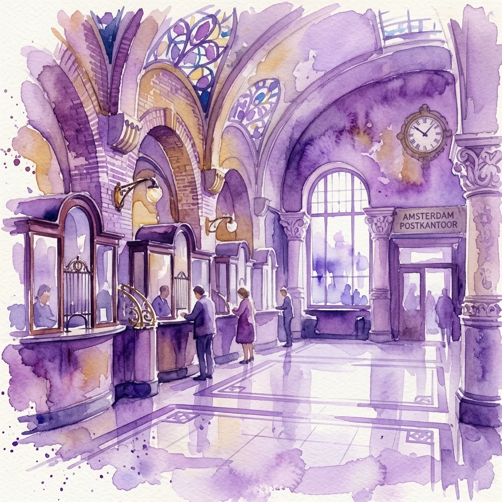 Watercolor illustration of the historic Amsterdam Postkantoor interior, showcasing its Amsterdam School architecture with arched windows, stained glass, and original counters from the 1920s.