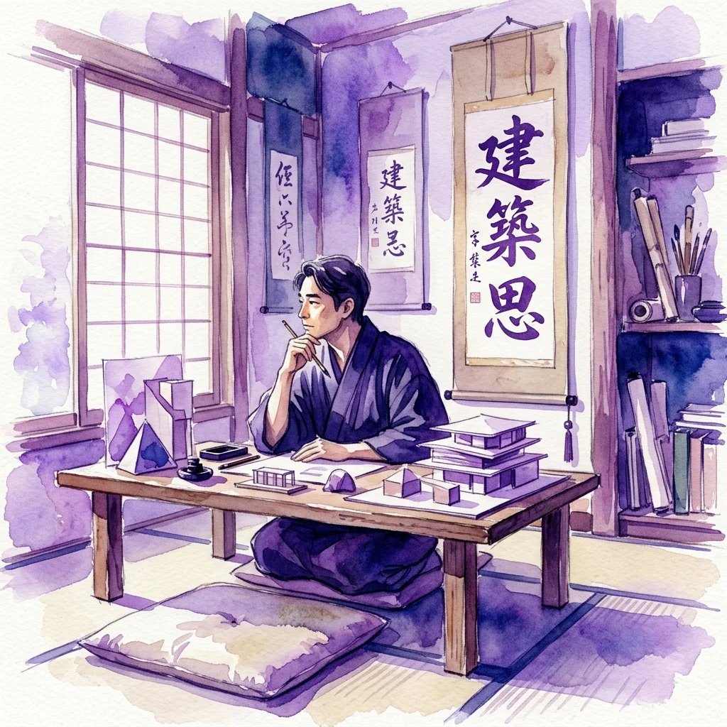 Een aquarelillustratie van architect Sutemi Horiguchi in zijn studeerkamer, omringd door architecturale modellen en Japanse kalligrafie, die zijn mix van modernistische en traditionele designprincipes weerspiegelt.