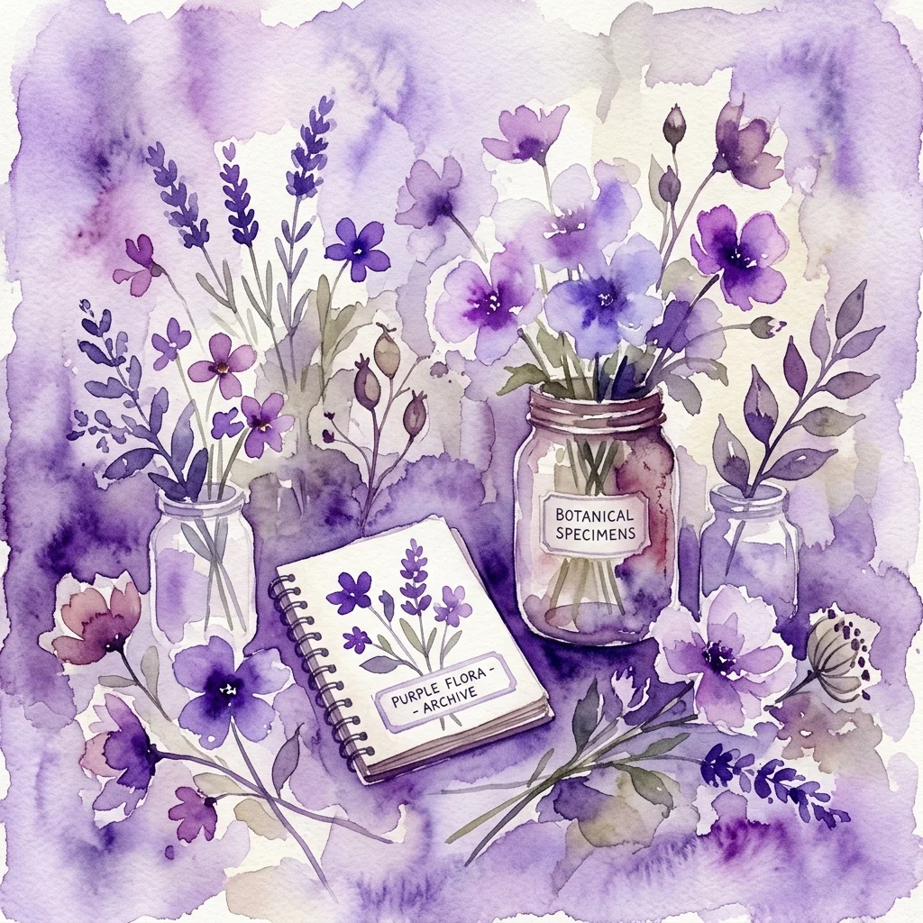 Ilustracja akwarelowa purpurowych kwiatów i roślin w słoikach z etykietą 'Botanical Specimens' oraz notatnik zatytułowany 'Purple Flora - Archive', przywołująca motyw archiwum botanicznego.