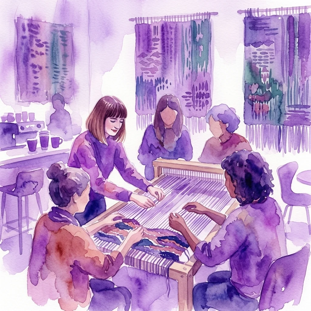 Una ilustración en acuarela de un taller de tejido colaborativo en el Museum Het Schip, con la artista Rosa Smits y miembros de la comunidad creando tapices juntos en un ambiente cálido y teñido de púrpura.