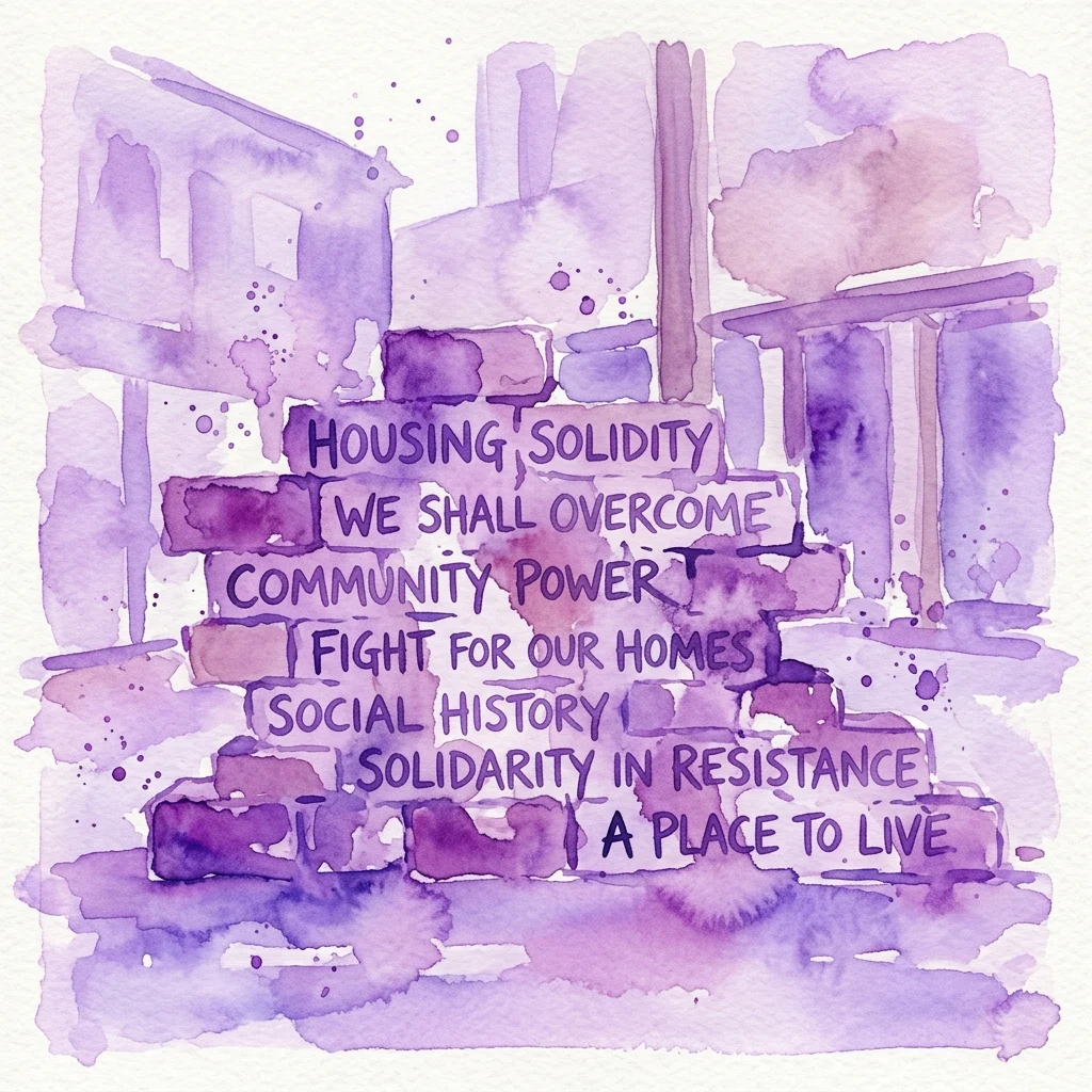 Obraz akwarelowy przedstawiający ceglaną ścianę z napisami w stylu „HOUSING SOLIDITY” i „WE SHALL OVERCOME”, będący częścią wystawy Sharon Houkemy „Solide Herinneringen” poświęconej historii społecznej i solidarności mieszkaniowej.