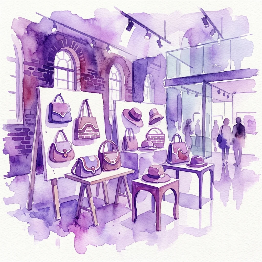 Ilustración en acuarela de una exposición en el Museum Het Schip con bolsos, sombreros y mesas creados por estudiantes, inspirados en el estilo arquitectónico de la Escuela de Ámsterdam.