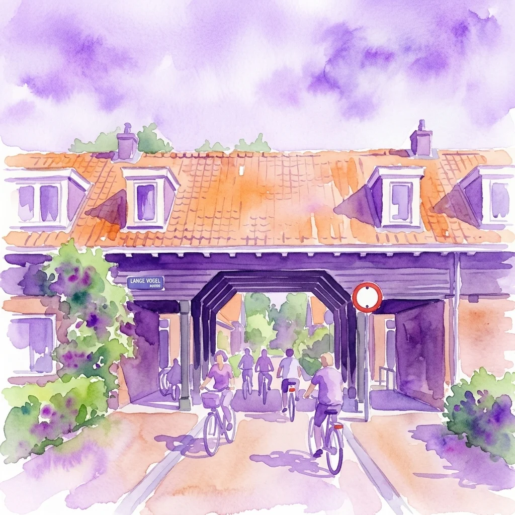 A watercolor illustration of cyclists on a guided bike tour through Amsterdam Noord, passing under an archway with a street sign reading 'Lange Vogel', surrounded by historic workers' housing and greenery.