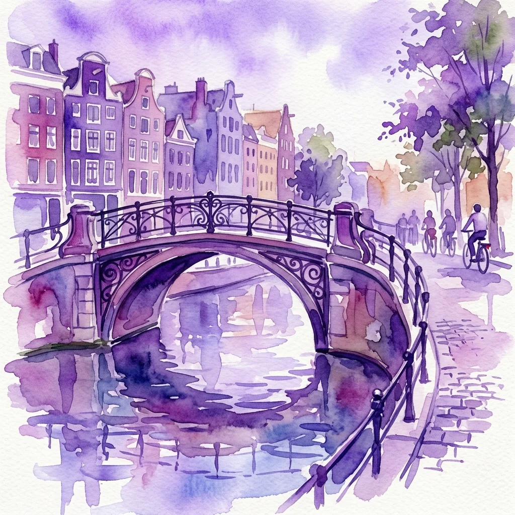 Ilustracja akwarelowa amsterdamskiego mostu z ozdobnymi kutymi balustradami, odbijającego się w kanale, z rowerzystami na pobliskiej ścieżce.