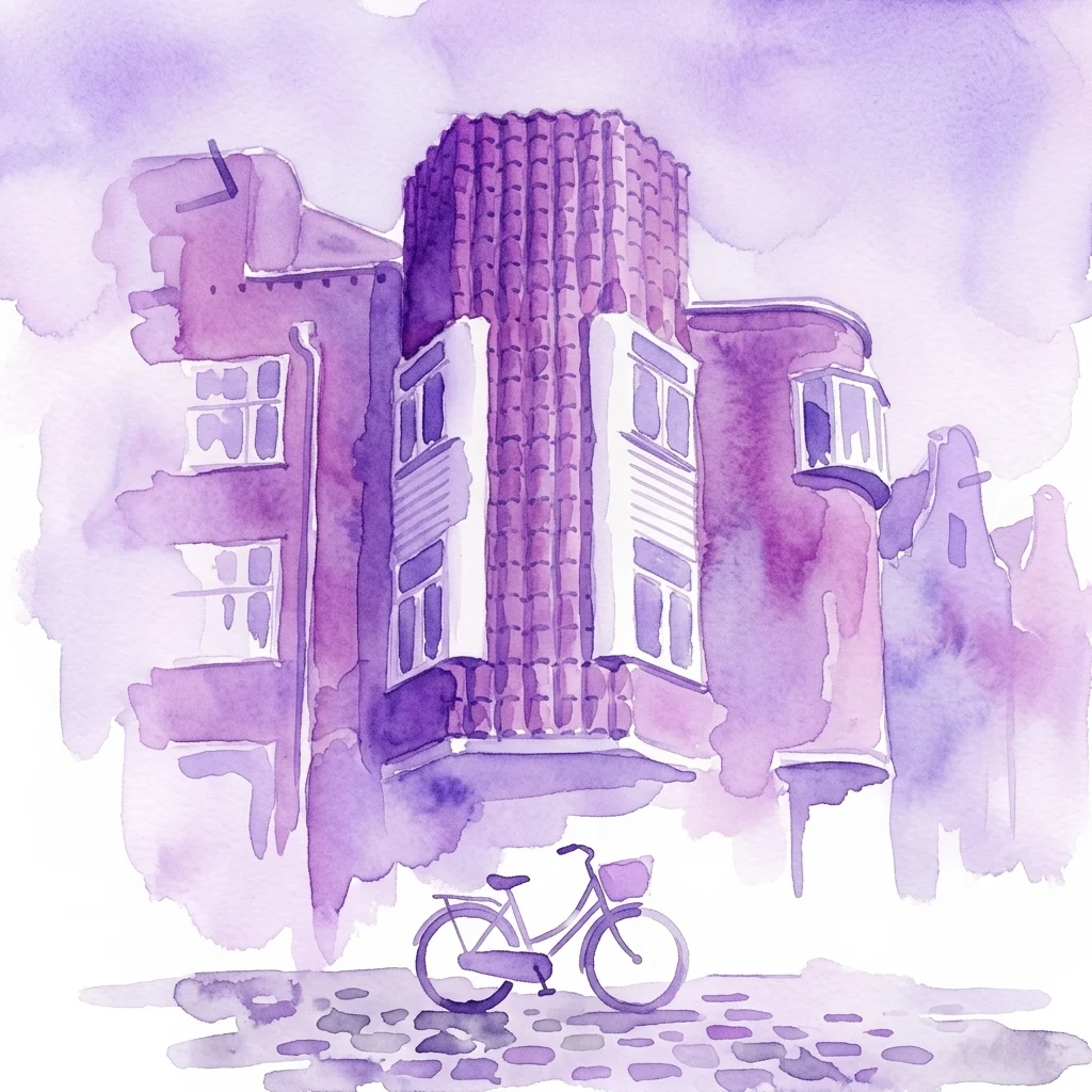 Ilustracja akwarelowa zabytkowego roweru zaparkowanego na brukowanej ulicy przed charakterystycznym budynkiem z fioletowymi płytkami, przywołująca historyczną wycieczkę po architekturze Margaret Kropholler w Amsterdamie.