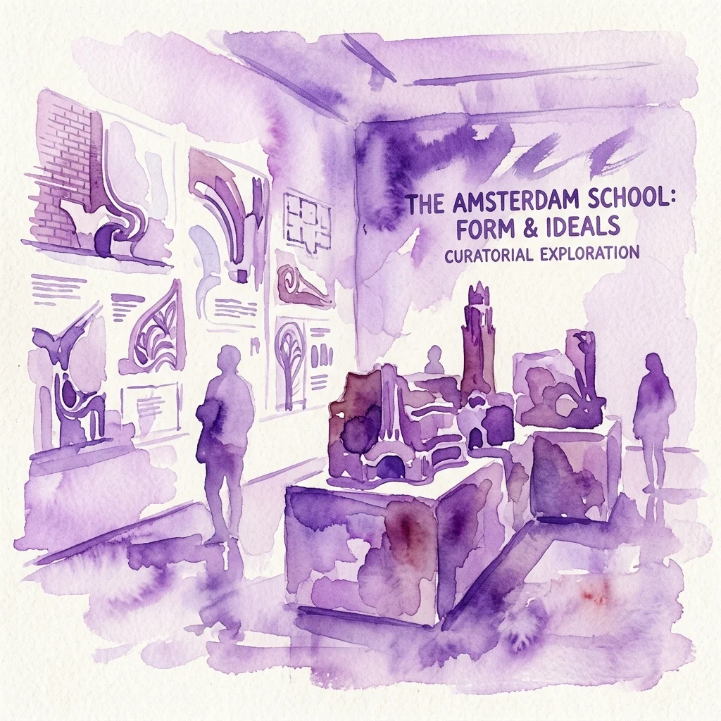 Watercolor illustration of an exhibition gallery featuring architectural drawings and models, with text reading 'THE AMSTERDAM SCHOOL: FORM & IDEALS CURATORIAL EXPLORATION' on the wall.