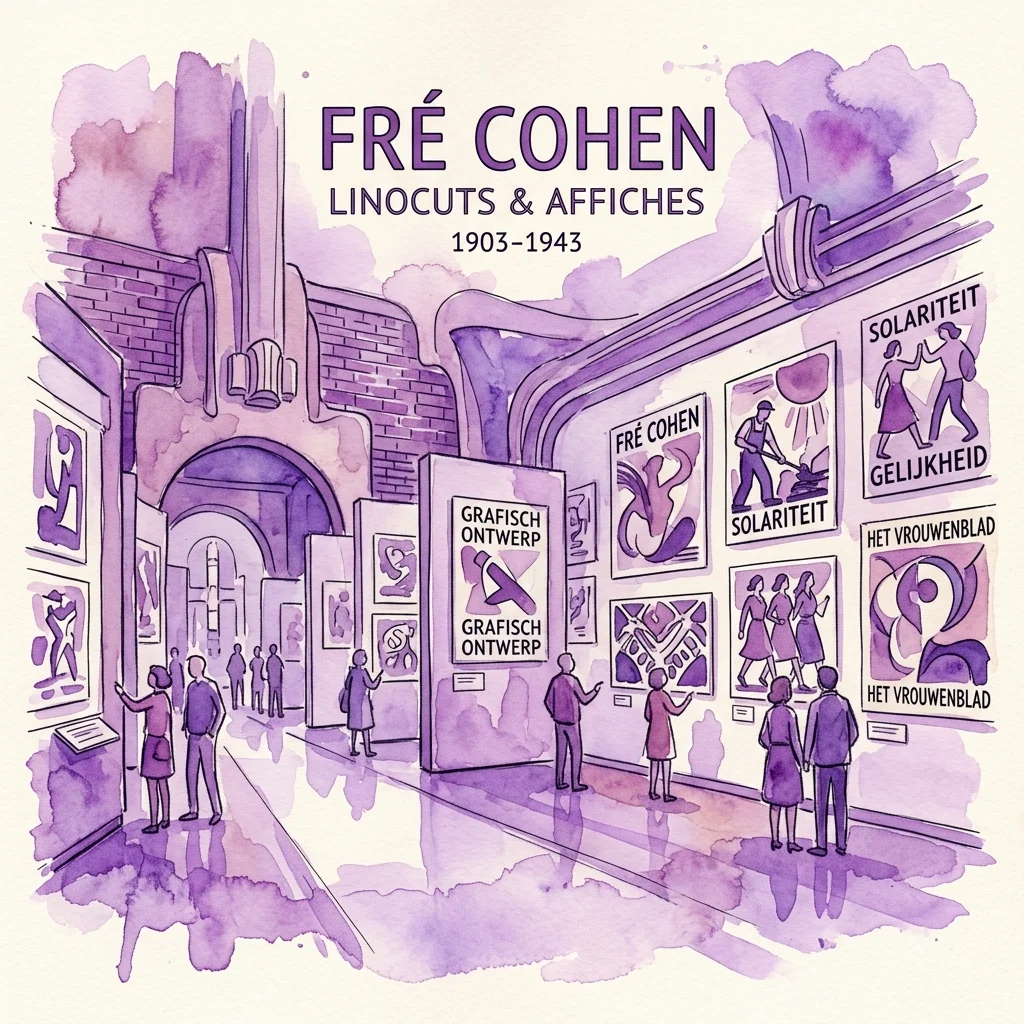 Ilustración de una sala de exposiciones con linograbados y carteles de Fré Cohen, con visitantes admirando las obras de arte expuestas en el Museum Het Schip.