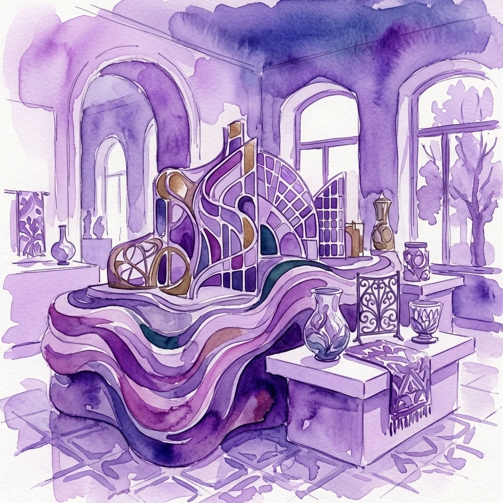 Een aquarelillustratie van een tentoonstellingsgalerie met organische, vloeiende architectonische modellen en decoratieve objecten in paarse tinten, geïnspireerd door Gaudí en de art-nouveau-stijlen van de Amsterdamse School.