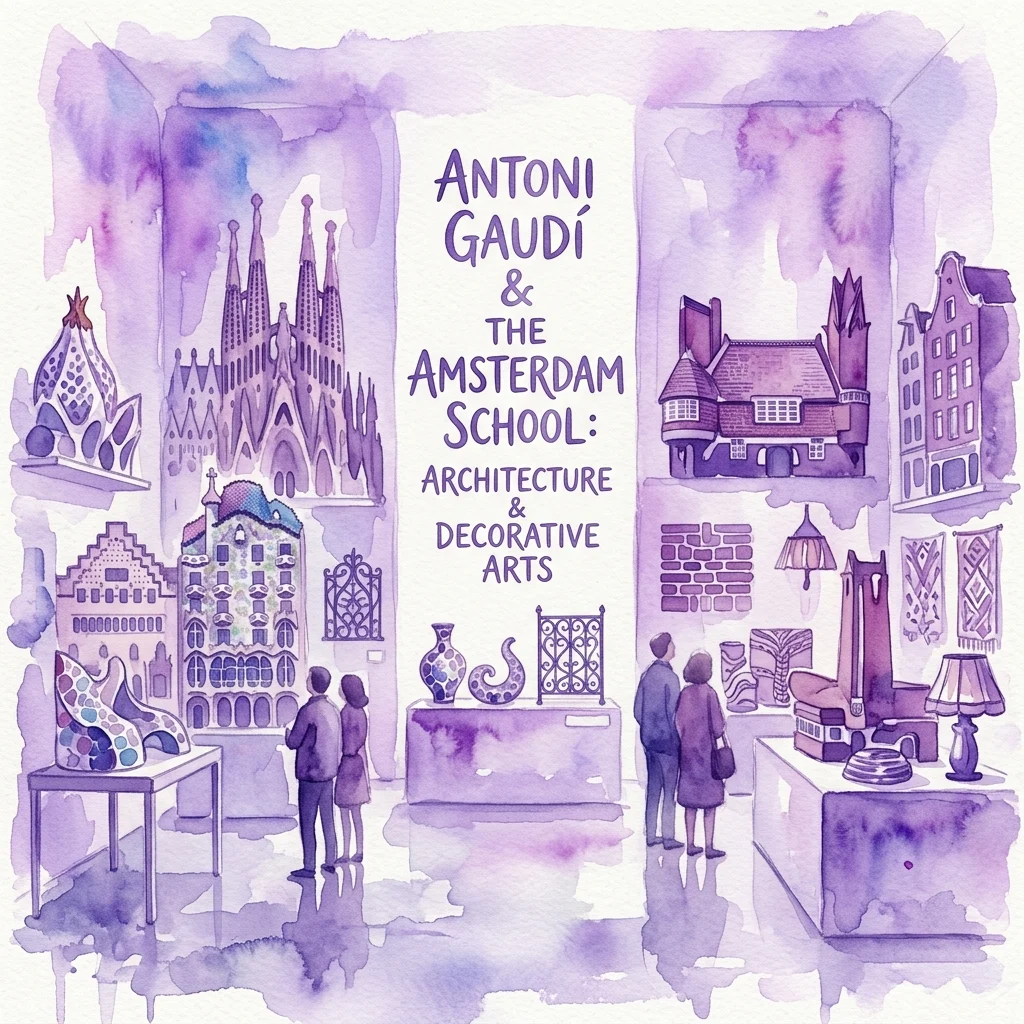 Ilustracja akwarelowa wystawy porównującej Antoniego Gaudiego i Szkołę Amsterdamską, prezentująca modele architektoniczne, sztukę dekoracyjną i zwiedzających w galerii.