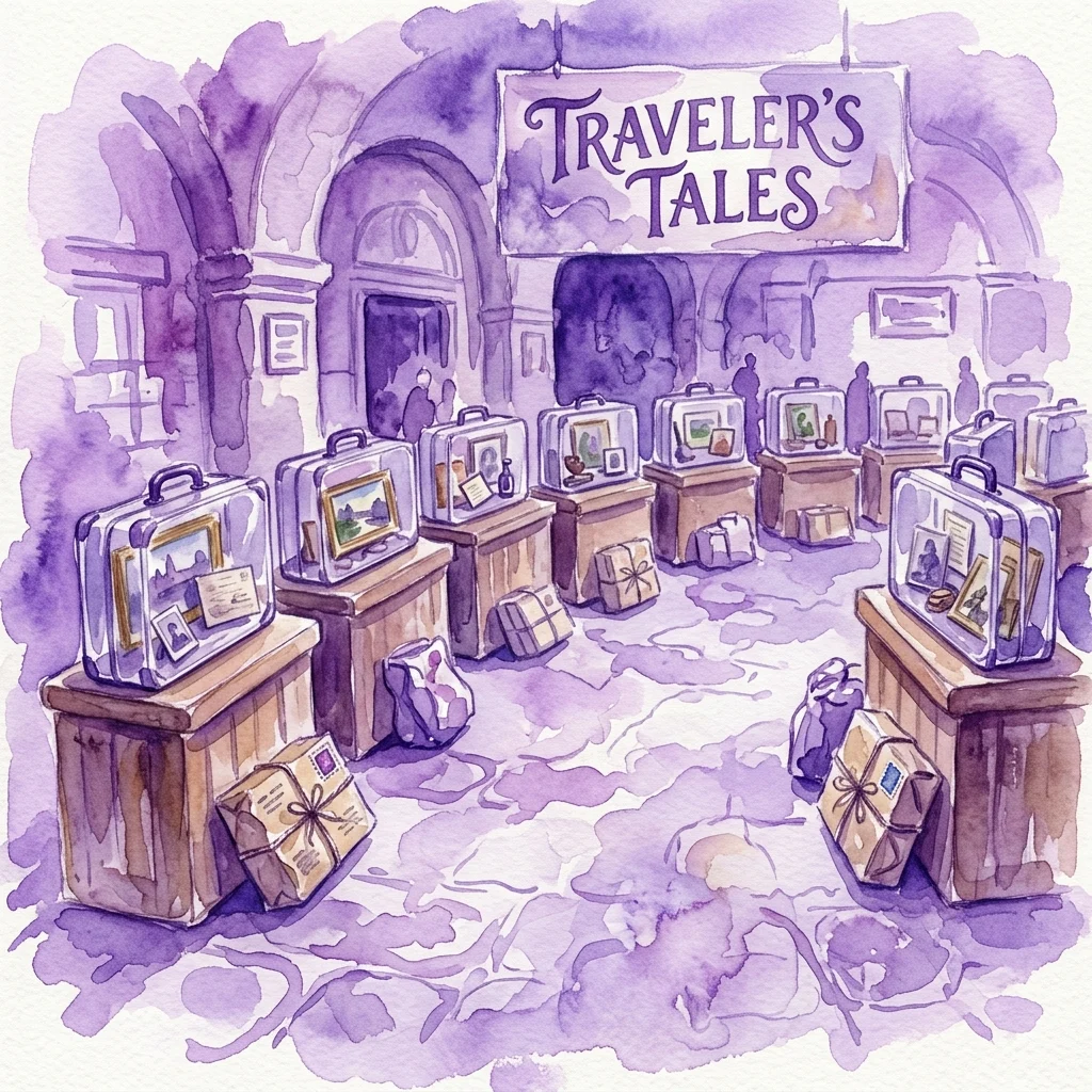 Ilustración en acuarela de la exposición de arte 'Grenzeloze inhoud', que presenta doce maletas transparentes con obras de arte expuestas en su interior, dispuestas en un entorno de oficina de correos vintage bajo un cartel de 'Traveler's Tales'.