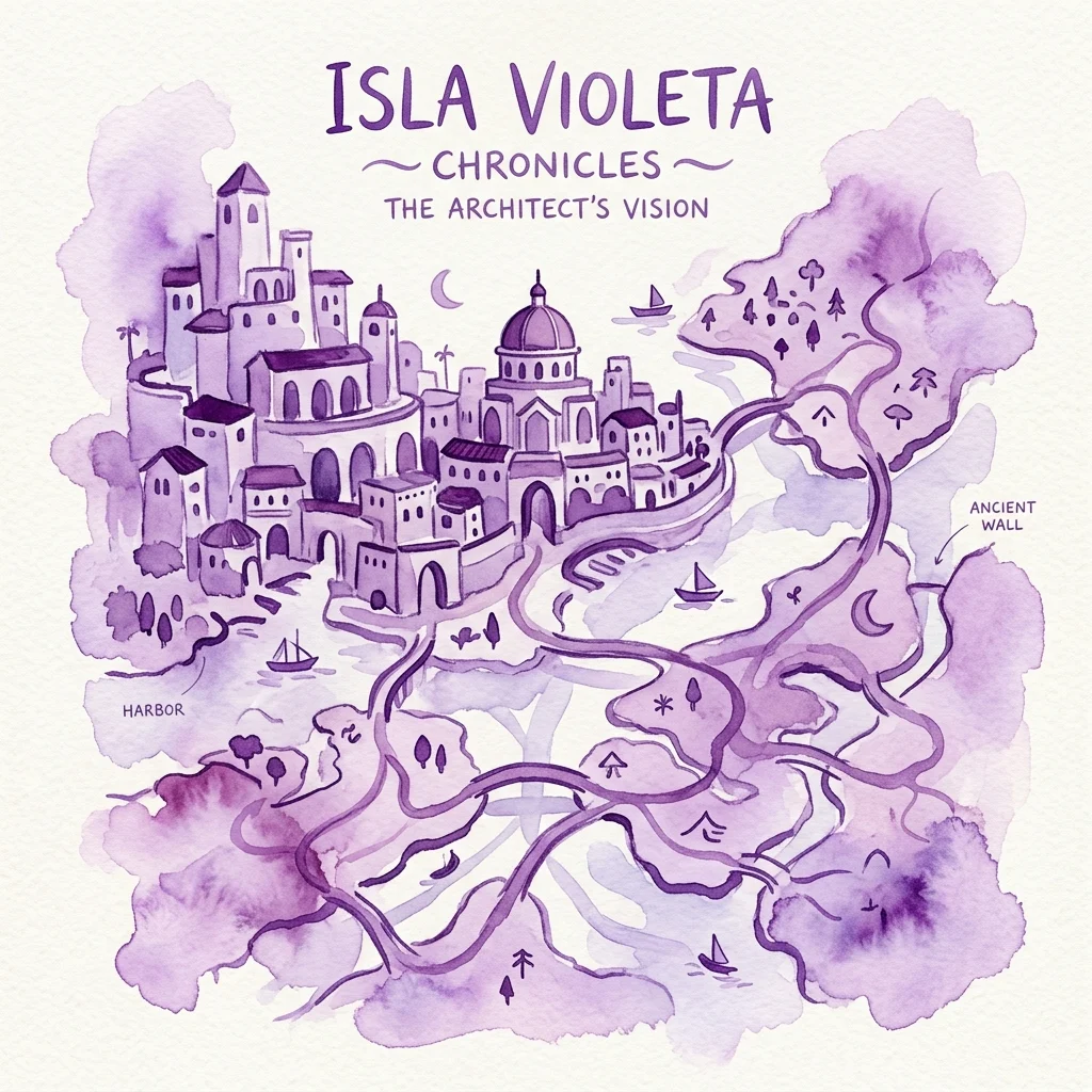 A hand-drawn watercolor map of the fictional island nation Isla Violeta, featuring cities, a harbor, an ancient wall, and a river, titled 'Isla Violeta Chronicles: The Architect's Vision'.