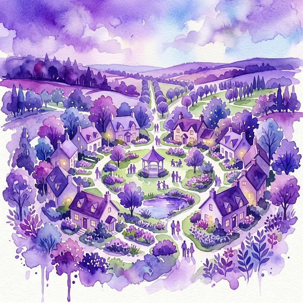 Ilustracja akwarelowa wioski ogrodowej z domami w odcieniach fioletu, zielonymi parkami i krętymi ścieżkami, reprezentująca ideał ruchu miasta-ogrodu.