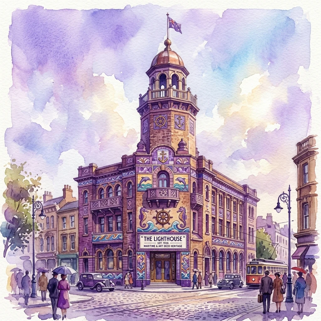 Watercolor illustration of Het Schip, a historic Art Deco building in Amsterdam with maritime-themed faience tilework, a copper-domed tower, and a sign reading 'The Lighthouse - Maritime & Art Deco Heritage'.