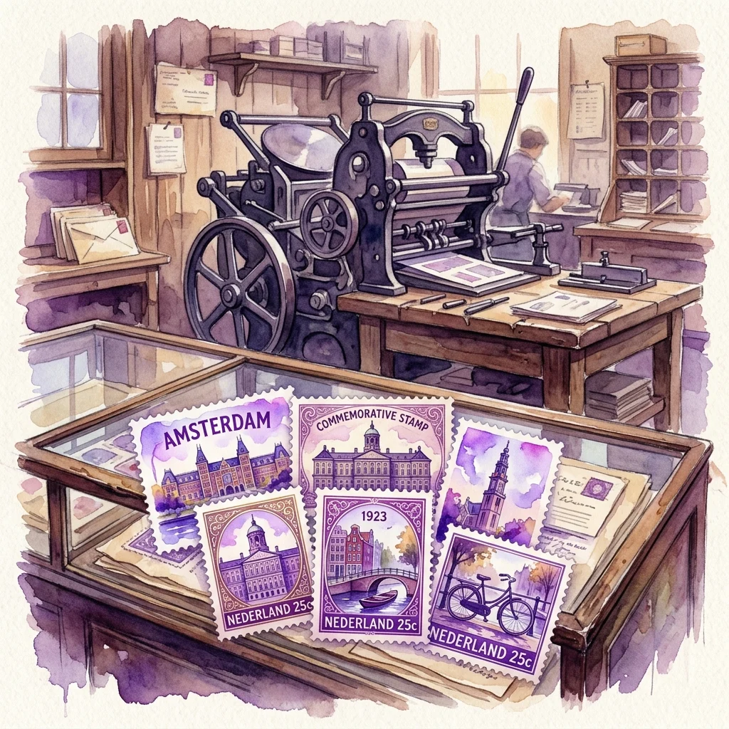 Ilustracja akwarelowa znaczków okolicznościowych z amsterdamskimi zabytkami, prezentowana w szklanej gablocie, z zabytkową prasą drukarską i pocztą w tle.