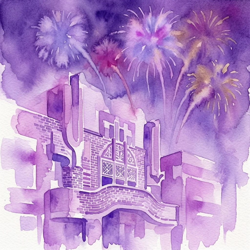 Waterverfillustratie van een Amsterdamse School-architectuurgevel met ingewikkeld baksteenwerk en decoratieve elementen, tegen een paarse lucht met vuurwerk, ter viering van het eeuwfeest van de beweging.