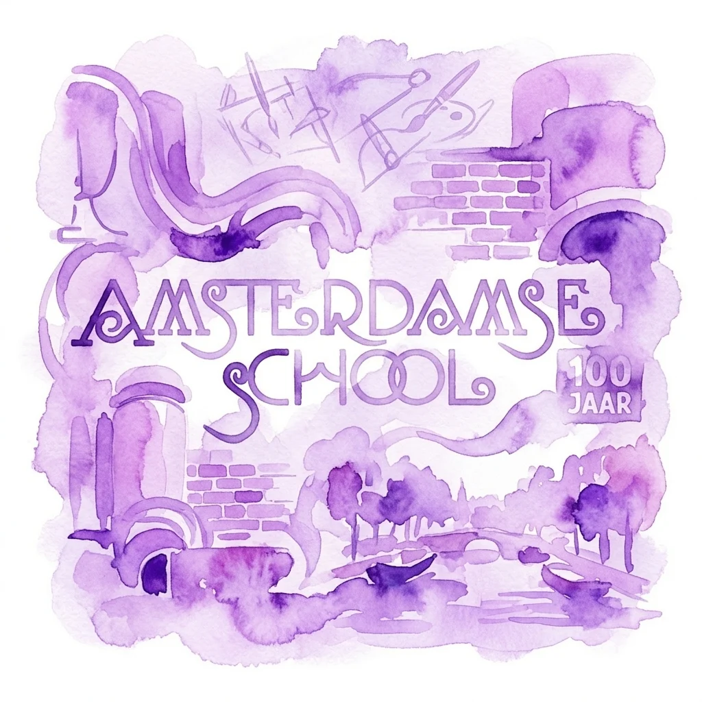 Fioletowa ilustracja akwarelowa logo Amsterdamse School 100 Jaar, przedstawiająca elementy architektoniczne, szkice artystyczne i sceny ze społeczności wczesnego XX-wiecznego Amsterdamu.