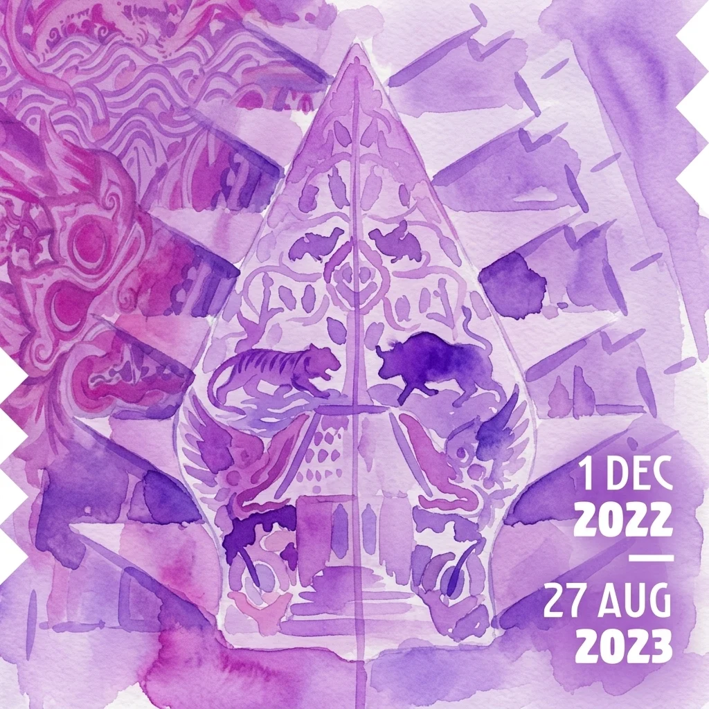 Paars aquarelkunstwerk met Javaanse tempelmotieven en dieren, ter promotie van de tentoonstelling 'Indonesië en de Amsterdamse School' van 1 december 2022 tot 27 augustus 2023.