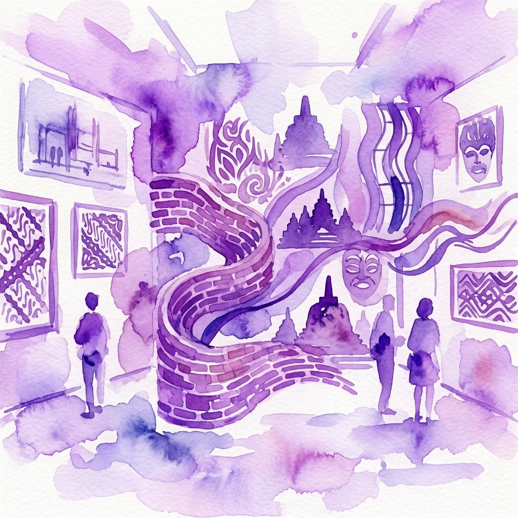 Ilustración en acuarela de una exposición de arte que presenta elementos arquitectónicos de la Escuela de Indonesia y de Ámsterdam, con visitantes observando obras de arte en una galería.