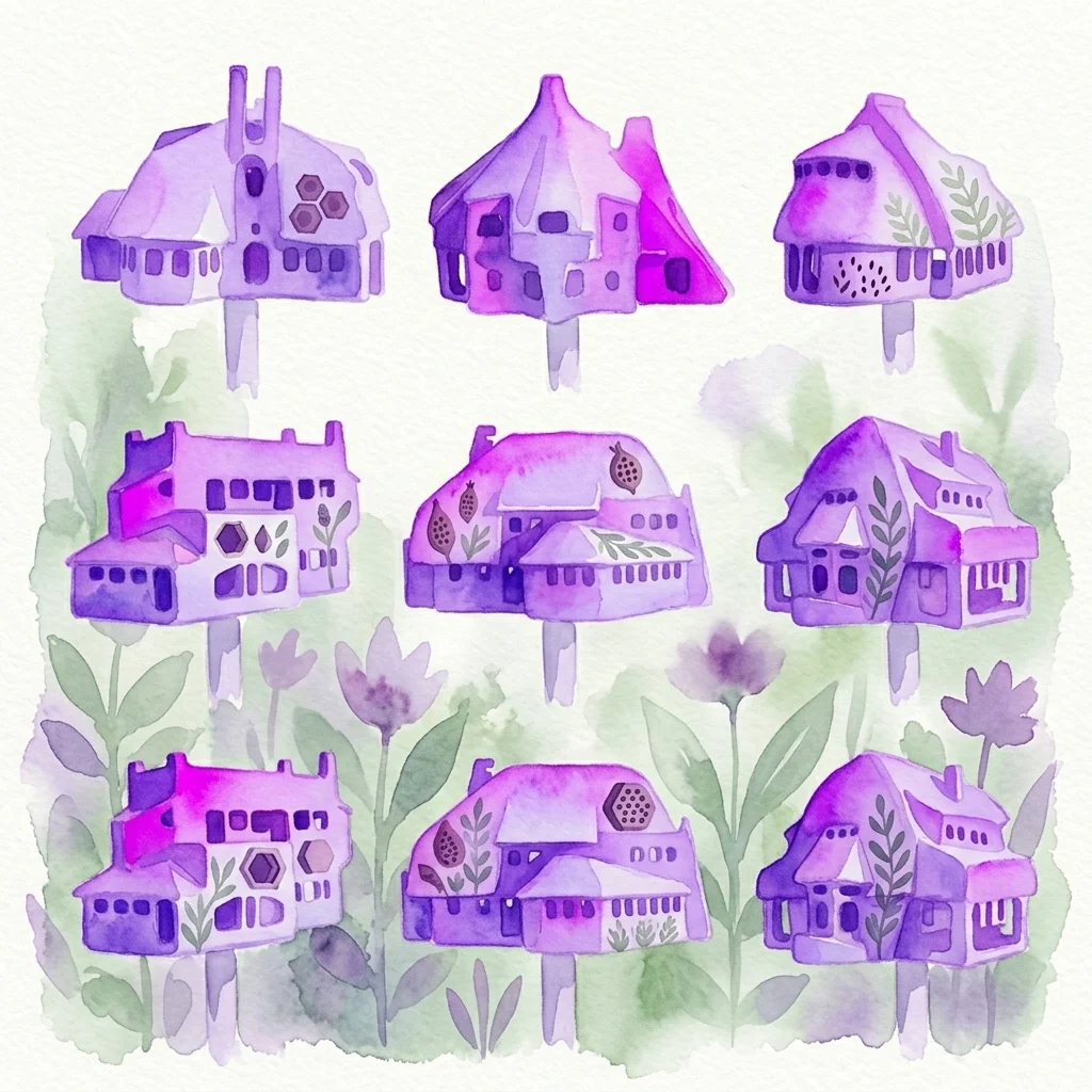 Ilustracja akwarelowa dziewięciu miniaturowych domków dla owadów w odcieniach fioletu i różu, zaprojektowanych w stylu Amsterdamse School z detalami architektonicznymi, na tle zielonego ogrodu.