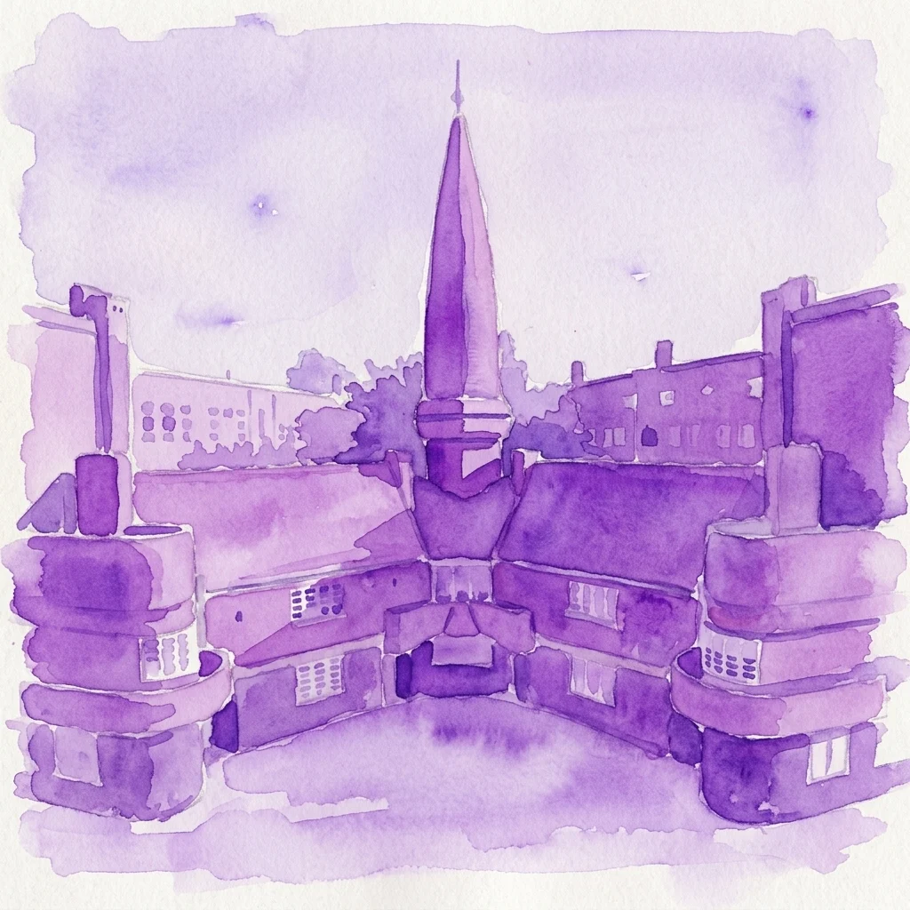 Una ilustración en acuarela morada de bloques de viviendas sociales de mediados del siglo XX, con una aguja central, creada para el Festival Internacional de Vivienda Social en Ámsterdam.