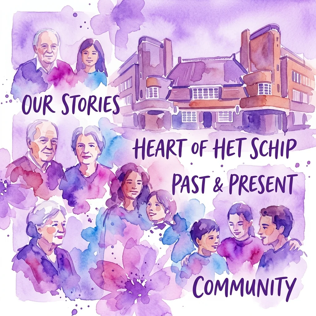 Ilustración en acuarela de diversos miembros de la comunidad y el edificio del Museum Het Schip, promocionando la exposición 'Our Stories: Heart of Het Schip Past & Present' de Jaap van den Beukel.
