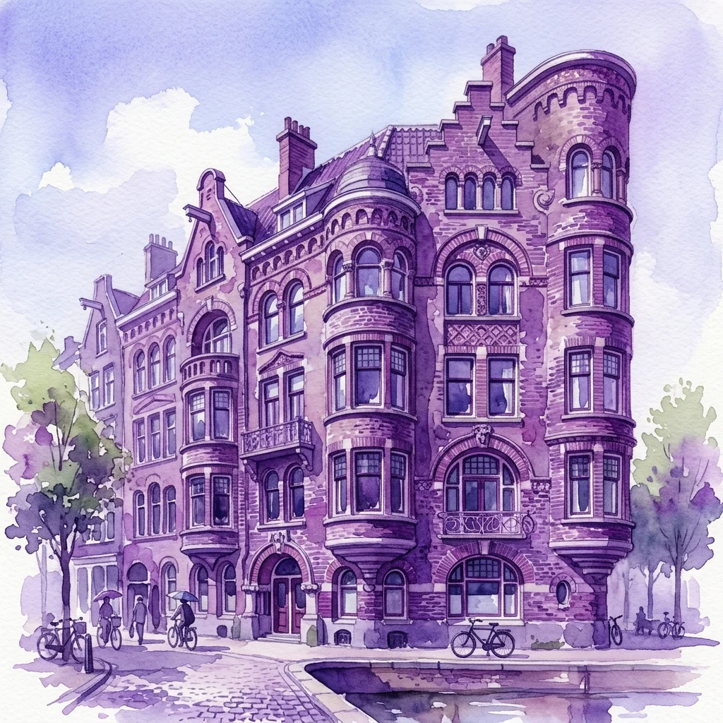 Ilustracja akwarelowa zabytkowego budynku w stylu Amsterdamse School z ozdobnymi murami, zakrzywionymi oknami wykuszowymi i kanałem na pierwszym planie, reprezentująca wystawę Krotwoning, postkantoor, museumwoning.