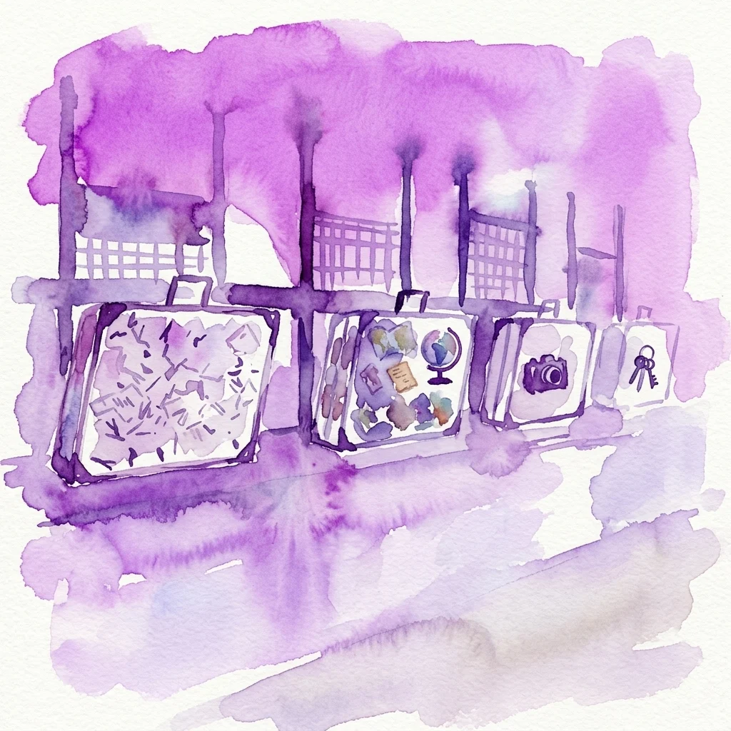 Ilustración en acuarela de maletas transparentes llenas de artículos de viaje como mapas, cámaras y llaves, representando el proyecto de arte 'Limitless Content' sobre viajes y patrimonio.