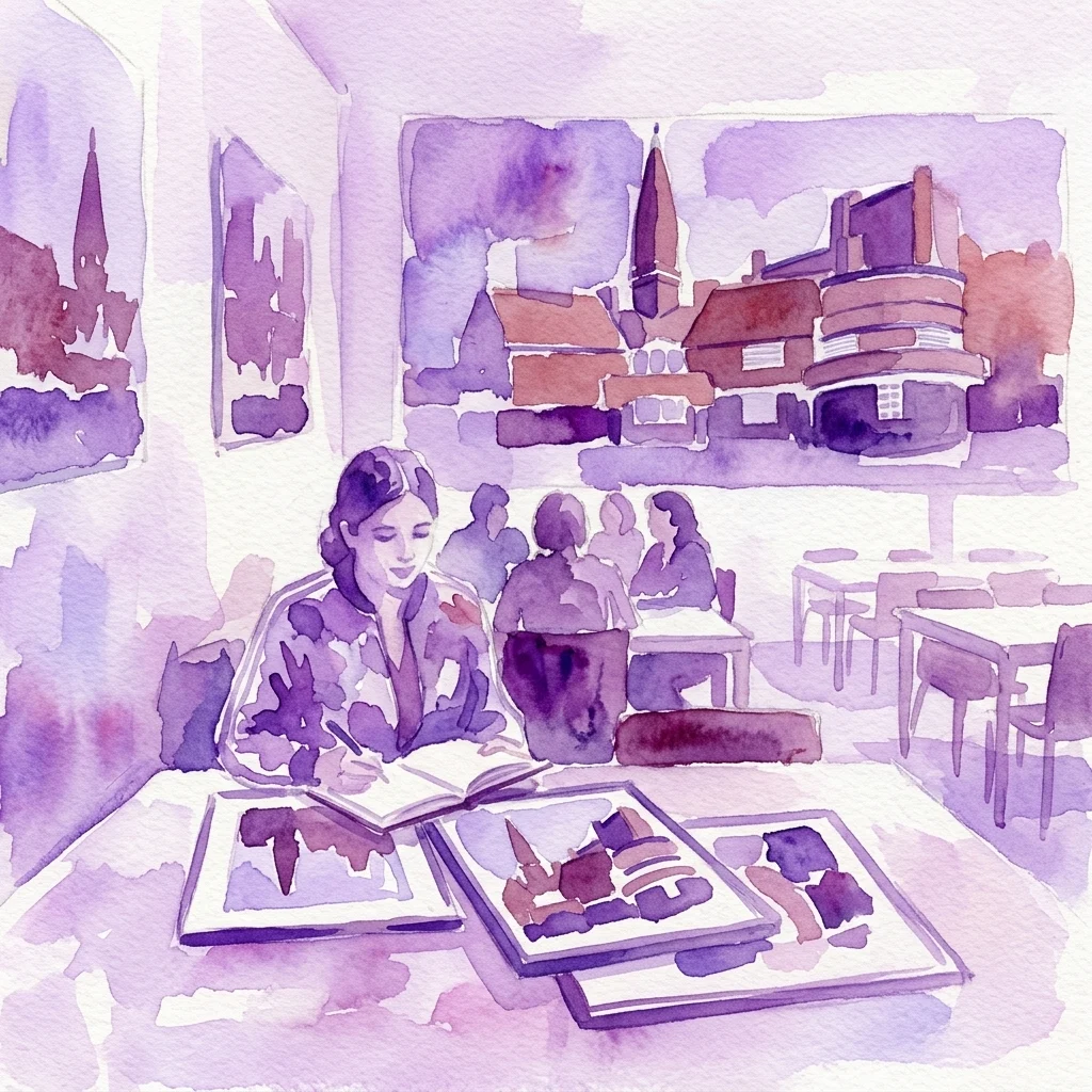 Ilustracja akwarelowa przedstawiająca kobietę szkicującą w muzeowej stołówce, otoczoną abstrakcyjnymi dziełami sztuki inspirowanymi architekturą Amsterdamse School, będącą częścią wystawy Danielli Perery 'The Spaarndammerbuurt Trio'.