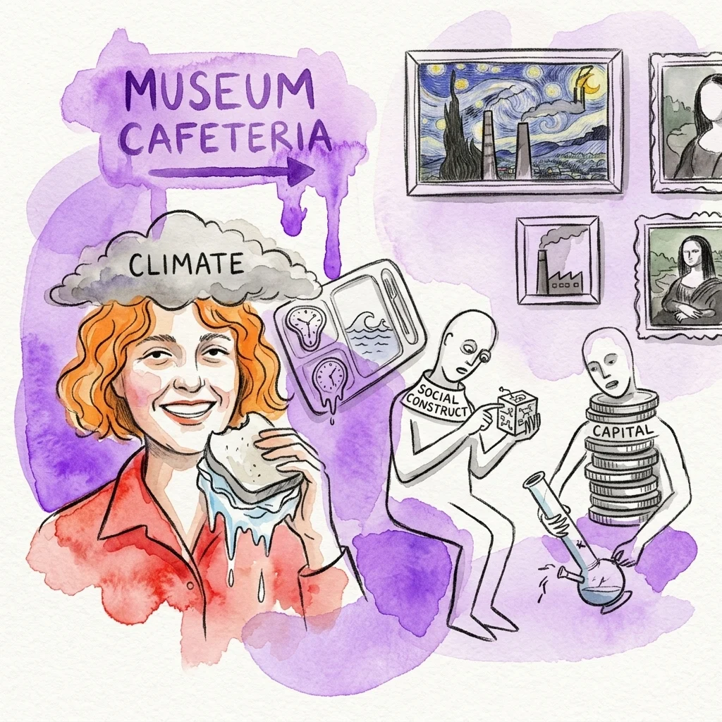 Ilustracja kawiarni muzealnej z kobietą jedzącą topiącą się kanapkę pod chmurą z etykietą „KLIMAT”, otoczoną surrealistycznymi postaciami reprezentującymi „KONSTRUKT SPOŁECZNY” i „KAPITAŁ” oraz oprawione dzieła sztuki, w tym fabrycznie zmodyfikowaną Gwieździstą Noc.