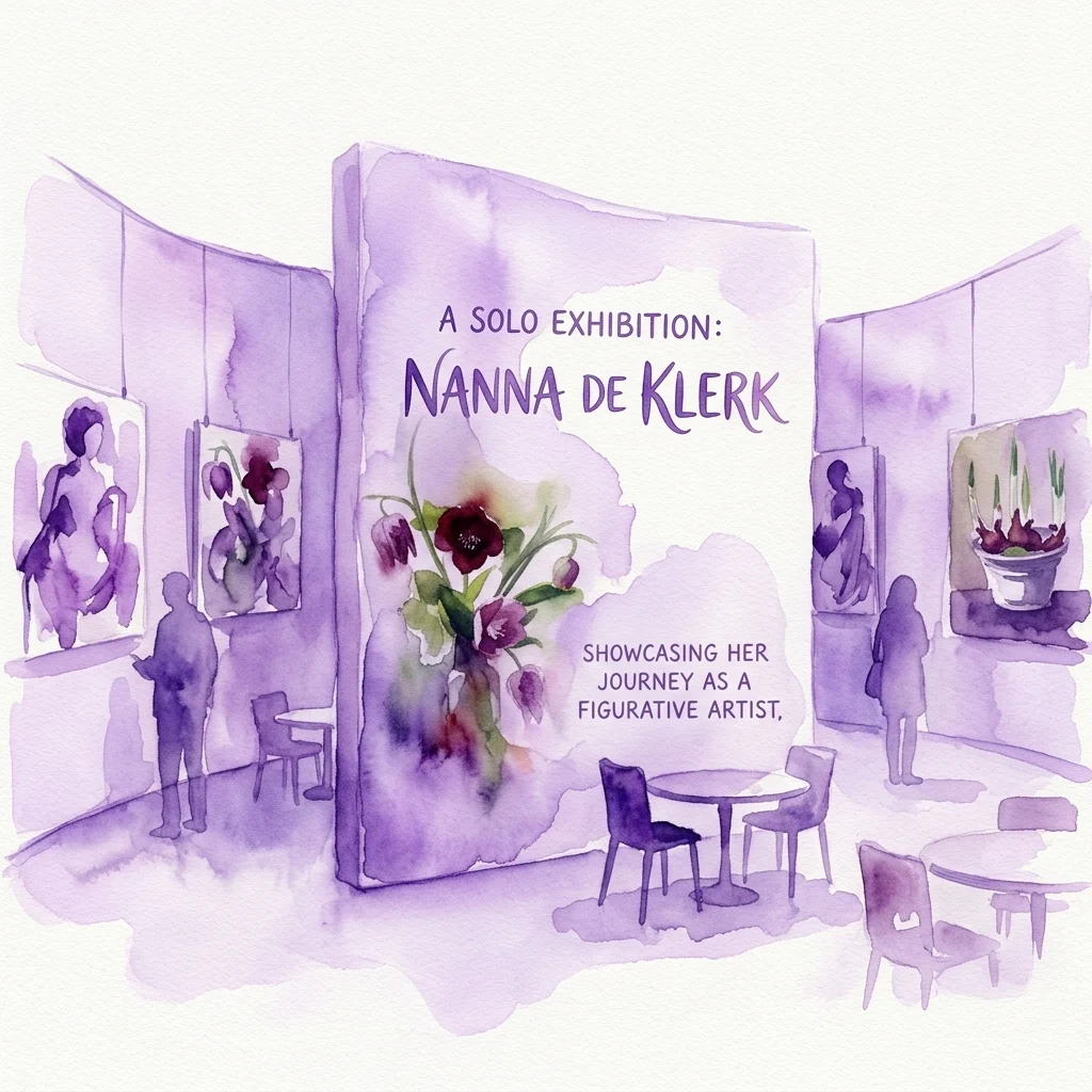 Watercolor illustration of a solo exhibition by Nanna de Klerk at Museum Het Schip, showcasing her figurative paintings in a purple-hued lunchroom gallery with visitors viewing the art.
