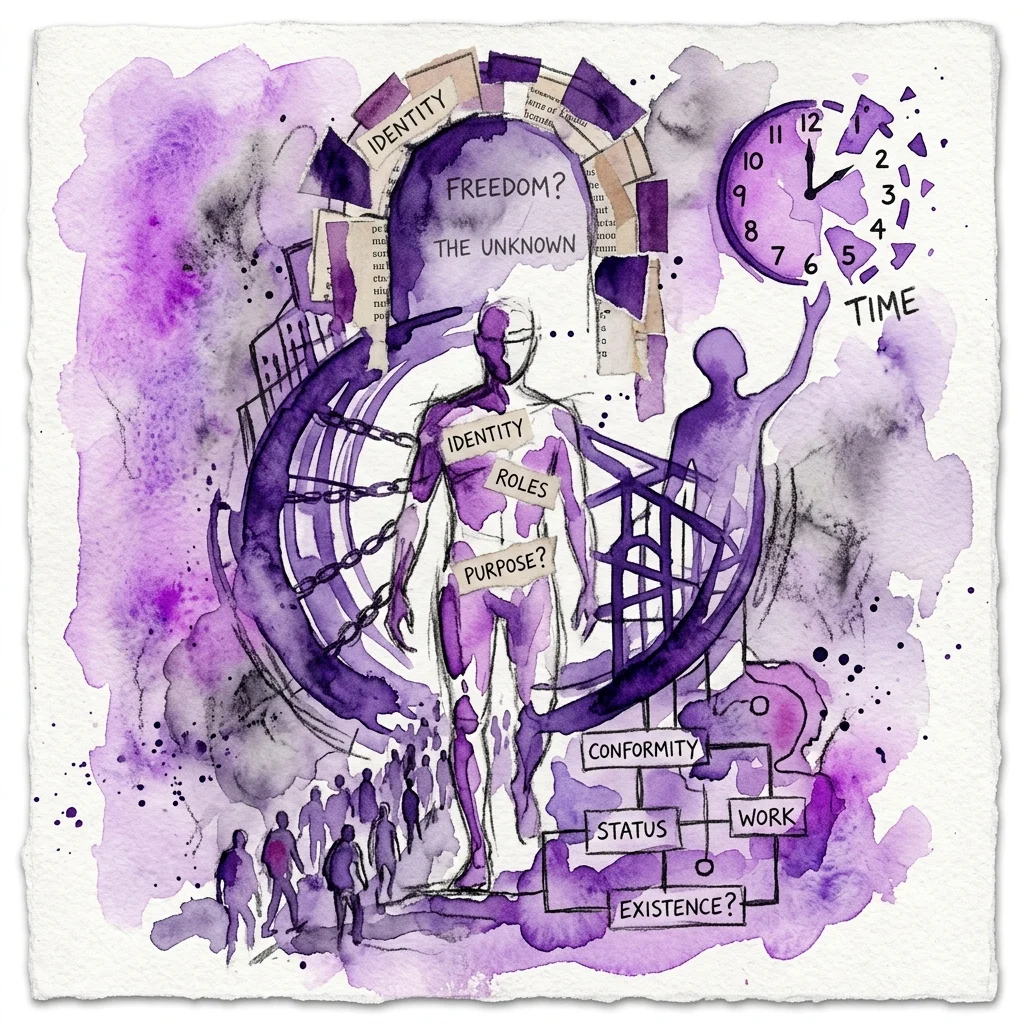 Surreal paars aquarelkunstwerk van Myrte Legerstee dat thema's als identiteit, vrijheid, tijd en bestaan verkent door middel van een collage van figuren, kettingen en tekstfragmenten.