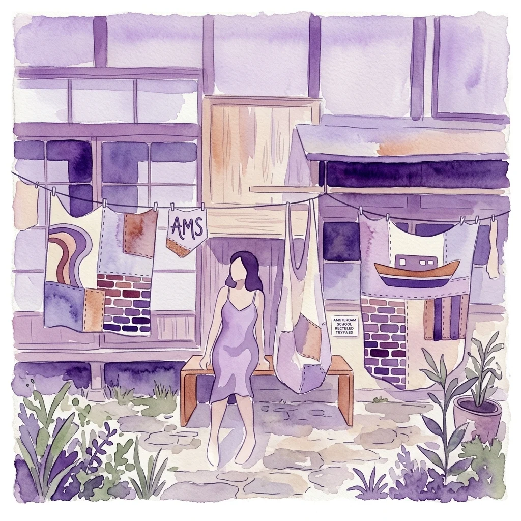 Ilustración en acuarela de una mujer con un vestido morado delante de un edificio con obras de arte textil que presentan símbolos de la arquitectura de la Escuela de Ámsterdam, expuestas en un tendedero en un entorno ajardinado.