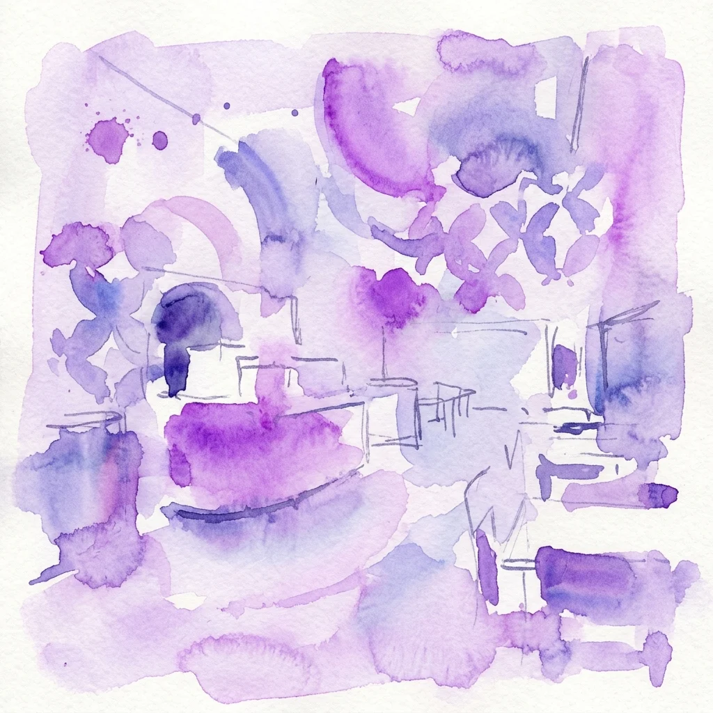 A watercolor artwork in purple and blue hues depicting an abstract interior scene with architectural elements and furniture, part of the Lunchroomexpositie Vincent van Oss exhibition at Museum Het Schip.