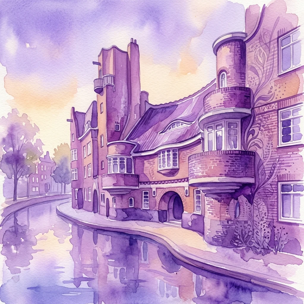 Ilustracja akwarelowa architektury Szkoły Amsterdamskiej w dzielnicy Spaarndammerbuurt, przedstawiająca kanał, charakterystyczne ceglane budynki i elementy artystyczne reprezentujące twórczość Danielli Perery.