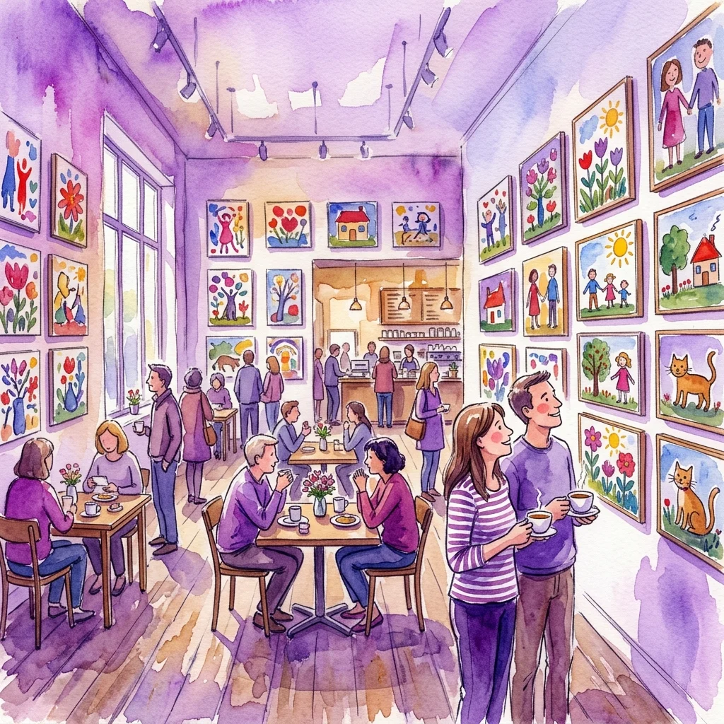 Illustration of a museum lunchroom exhibition featuring colorful naive art paintings by Nanna Lea Abigaël de Klerk, with visitors enjoying coffee and viewing artwork on purple walls.