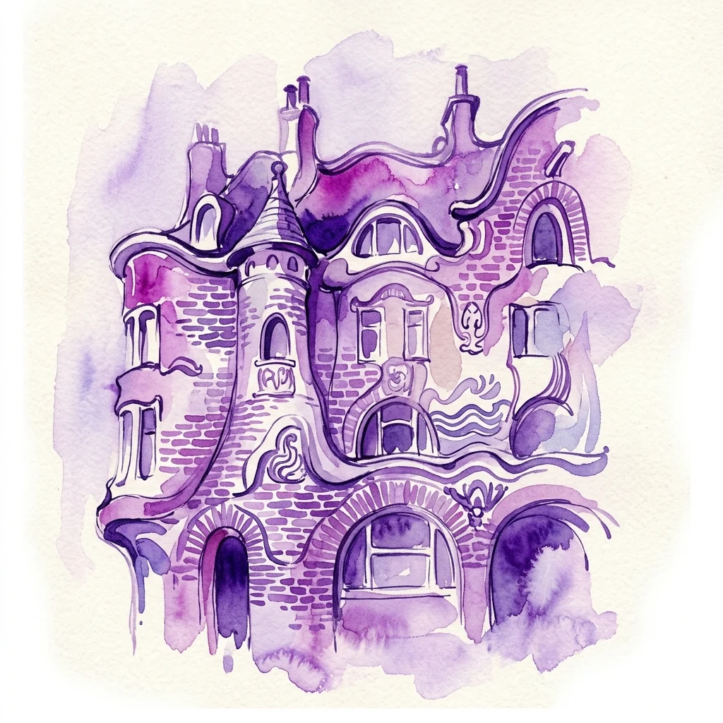 Ilustración en acuarela de una fachada fantástica de edificio al estilo de la Escuela de Ámsterdam, con mampostería fluida, detalles ornamentales y elementos simbólicos en tonos púrpuras.