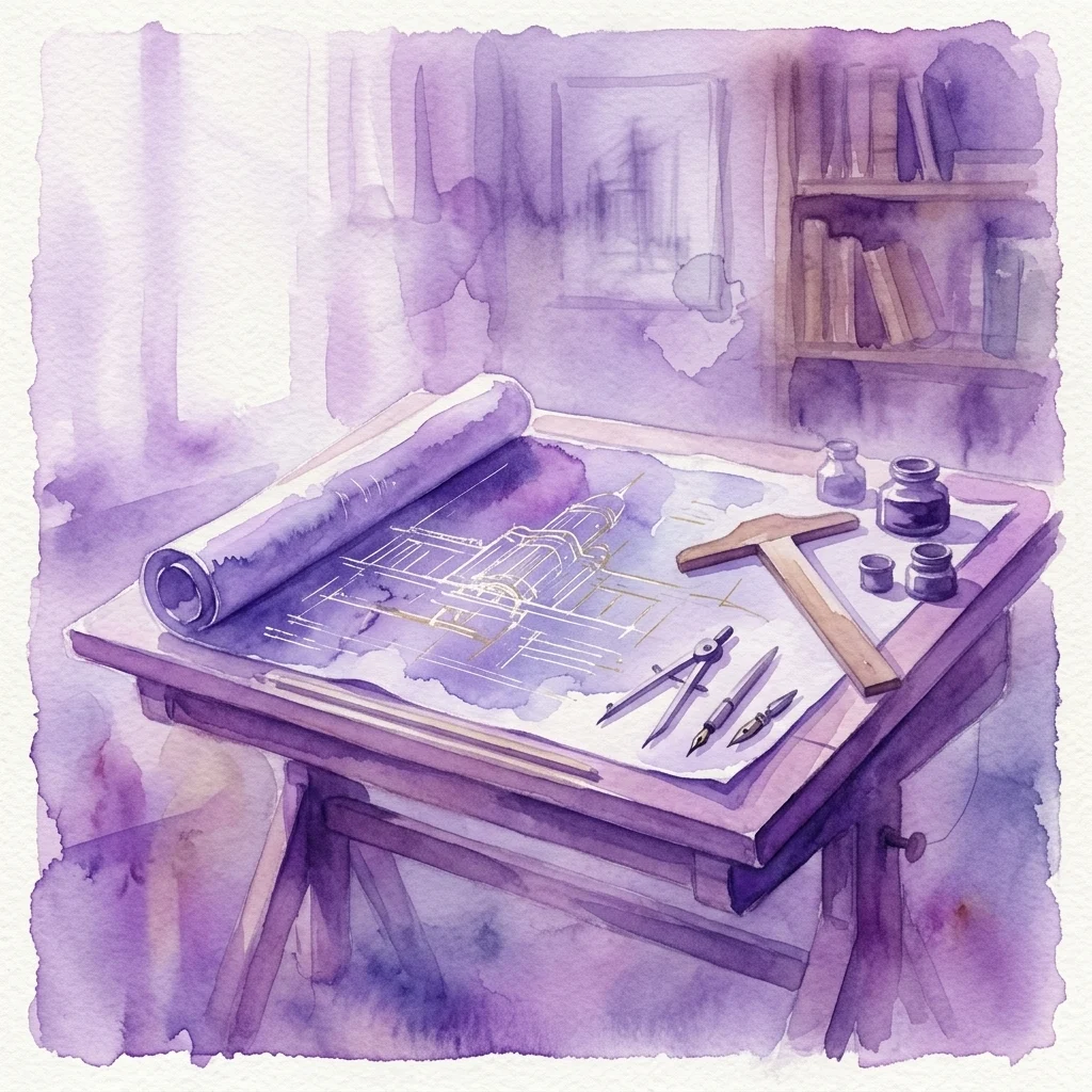 Ilustración en acuarela de una mesa de dibujo de arquitecto con planos, compás, pluma y tinteros, que evoca el proceso de diseño de Michel de Klerk y el estilo de la Escuela de Ámsterdam.