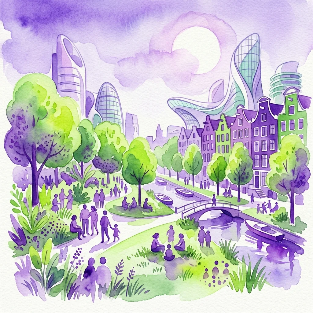 Una ilustración en acuarela de un vibrante parque urbano verde en Ámsterdam, que mezcla la arquitectura tradicional holandesa con edificios futuristas, con gente disfrutando de la naturaleza a lo largo de un canal.
