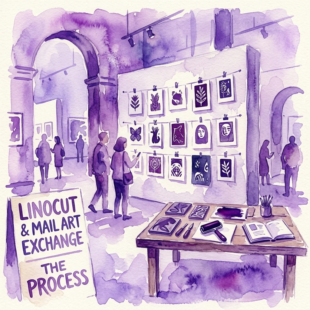 Ilustración en acuarela de una exposición de arte que presenta grabados en linóleo y mail art, con visitantes observando obras de arte en una pared y una mesa que exhibe herramientas de grabado y un libro abierto.