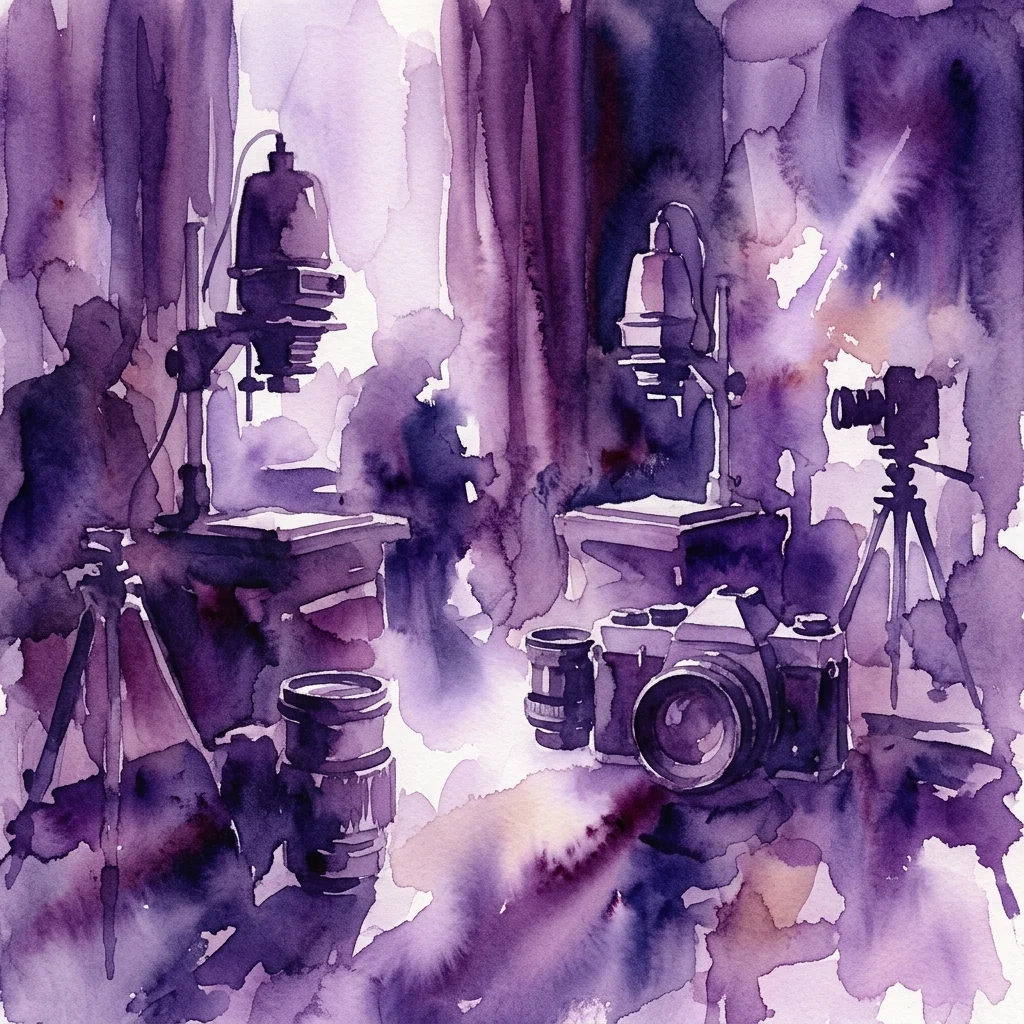 Waterverfillustratie van een fotografiestudio met analoge camera's, lenzen en lichtapparatuur, die de tentoonstelling 'On(on)derbroken' van Annosh Urbanke oproept.