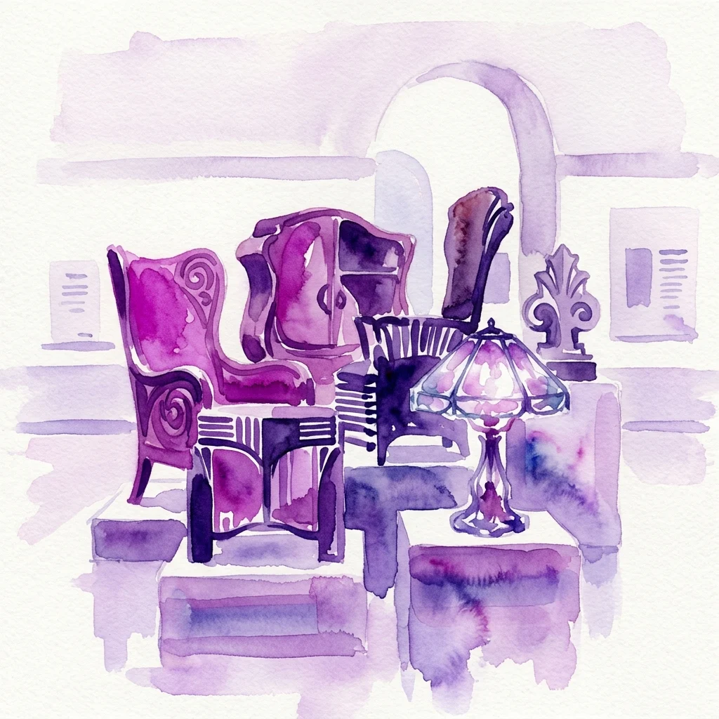 Ilustración en acuarela de muebles e iluminación de la Escuela de Ámsterdam, incluyendo un sillón morado, un armario y una lámpara de vidrieras, expuestos en una galería de museo.
