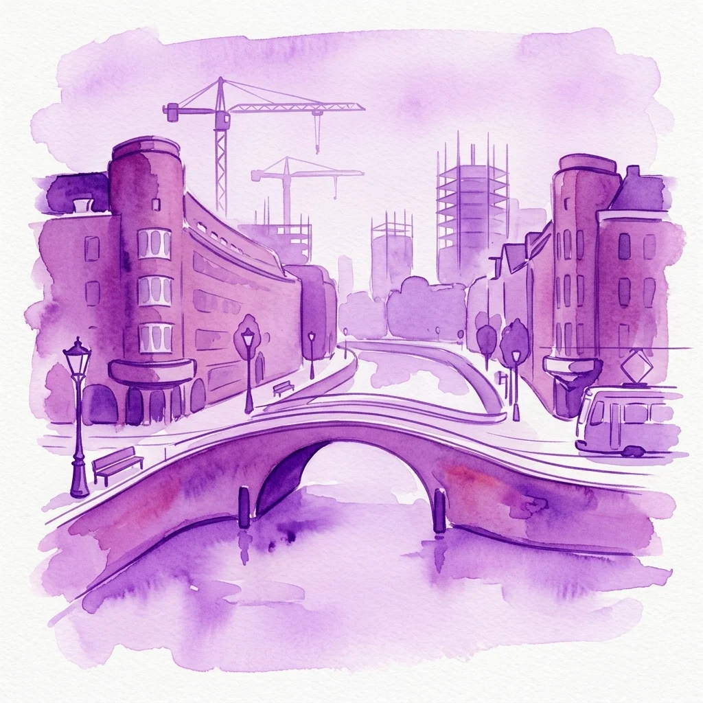 Una ilustración de acuarela morada de arquitectura de la Escuela de Ámsterdam, con edificios curvos, un puente sobre un canal, farolas y grúas de construcción, que representa obras públicas de 1915-1935.