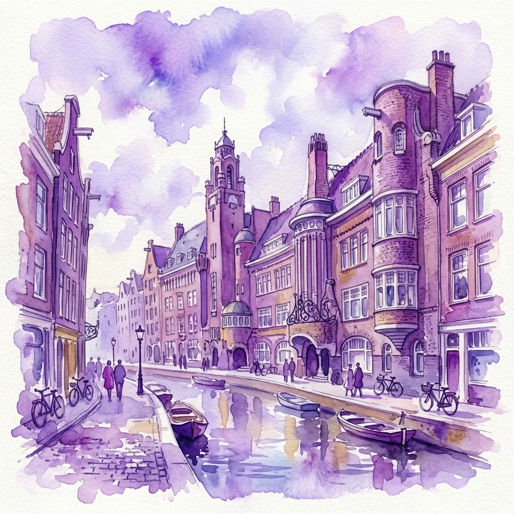 Ilustracja akwarelowa budynków przy kanałach Amsterdamu w stylu Amsterdamskiej Szkoły, z ozdobnymi fasadami z cegły, zakrzywionymi oknami i charakterystycznymi detalami architektonicznymi z lat 1915-1935.